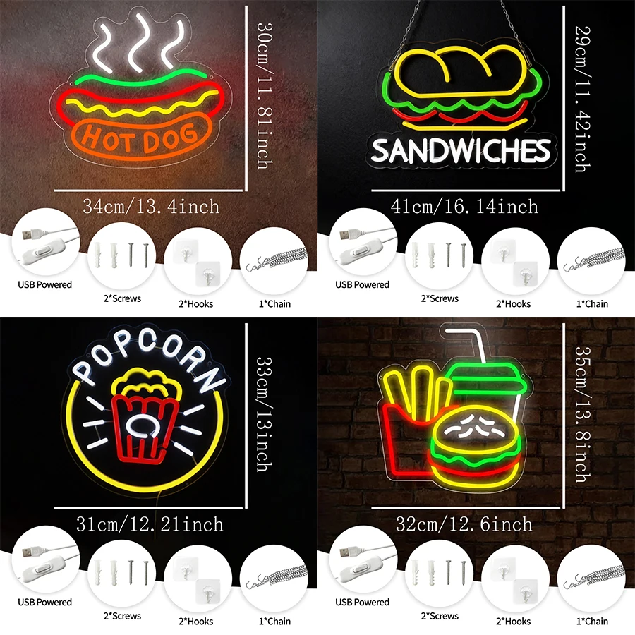 Fast Food Series Neon Sign, Food Icon Business Wall Lamp, Used For Fast Food Restaurants, Restaurants, Kitchen Art Decor.