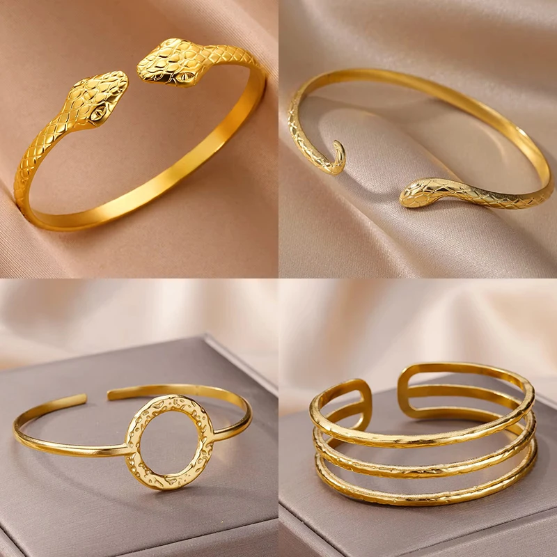 Stainless Steel Snake Bangle Bracelet For Women Vintage Gold Color Aesthetic Charm Bracelet Daily Wear Jewelry Gift mujer