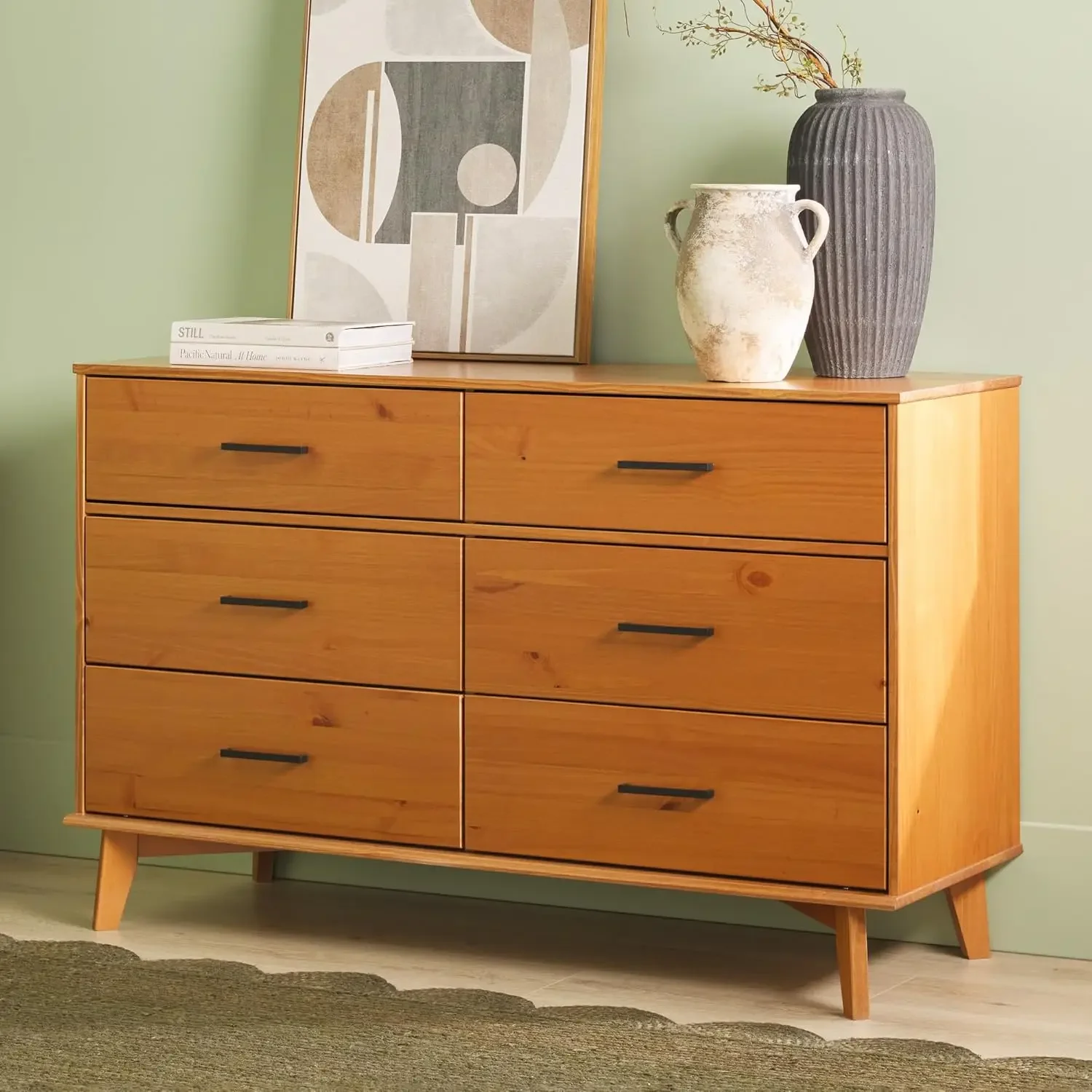 

Modern Solid Pine Wood 6-Drawer Dresser with Metal Handles and Generous Storage Space