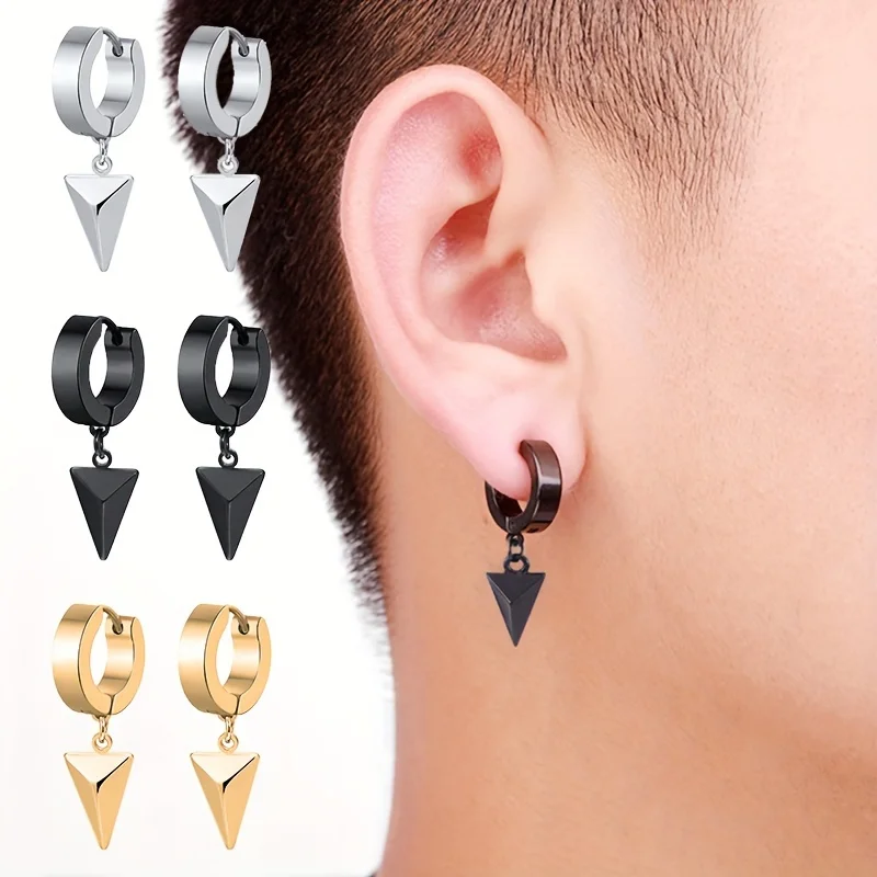 1pair Unisex Punk Hip Hop Fashion Stainless Steel Triangle Dangle Hoop Earrings Ear Stud Piercing Huggie Pendant Jewelry