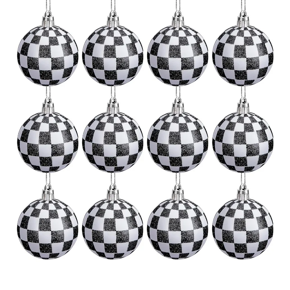 

12pcs Black&white Lattice Christmas Ball with Bow 6cm Xmas Tree Balls Glitter Painted Christmas Baubles Decorations