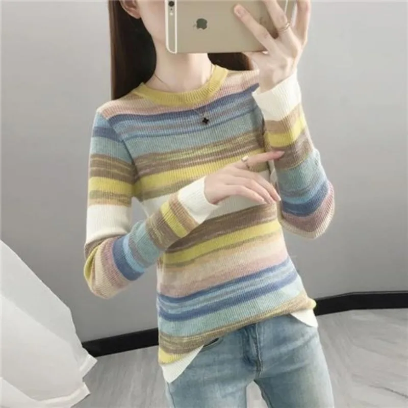 Women\'s Spring Autumn Fashion Round Neck Pullover Stripe Contrast Color Casual Versatile Long Sleeve Slim Fit Sweater Knit Tops