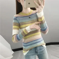 Women's Spring Autumn Fashion Round Neck Pullover Stripe Contrast Color Casual Versatile Long Sleeve Slim Fit Sweater Knit Tops