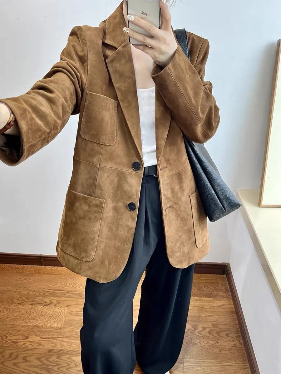 レトロスエードレザースーツコート女性用2025秋冬本革カウスエードジャケットヴィンテージコーヒージャケットアウターポケット付き