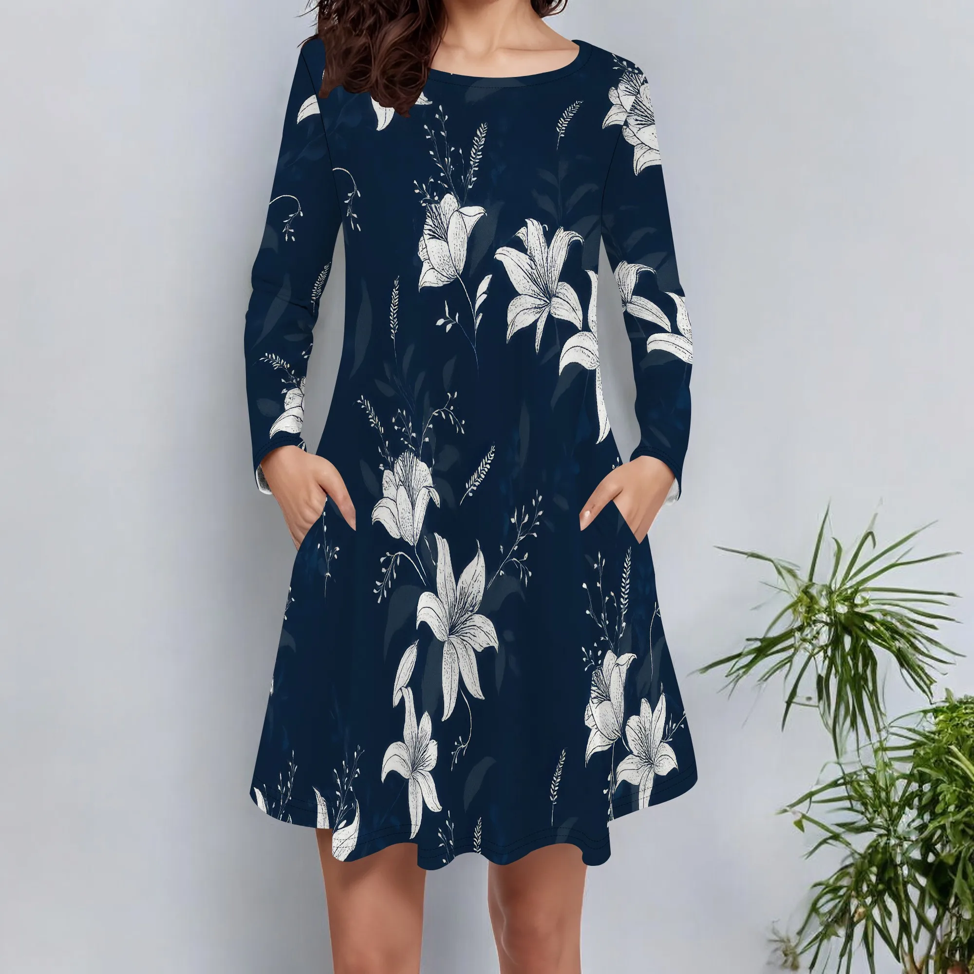 Abito da donna in maglia a maniche lunghe con sbuffo per abito a tunica casual con scollo tondo autunno inverno
