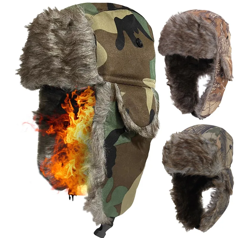 Men's Winter Hat Camouflage Aviator Trooper Earflap Warm Cap Bomber Cap Russian Outdoor Windproof Ski Caps Ear Protectors Hats