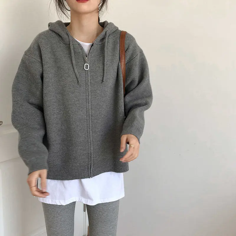 Deeptown Harajuku Sweater Women Korean Fashion Zipper Hooded Cardigan Vintage Oversized Casual Knitwear Kpop Aesthetic Autumn