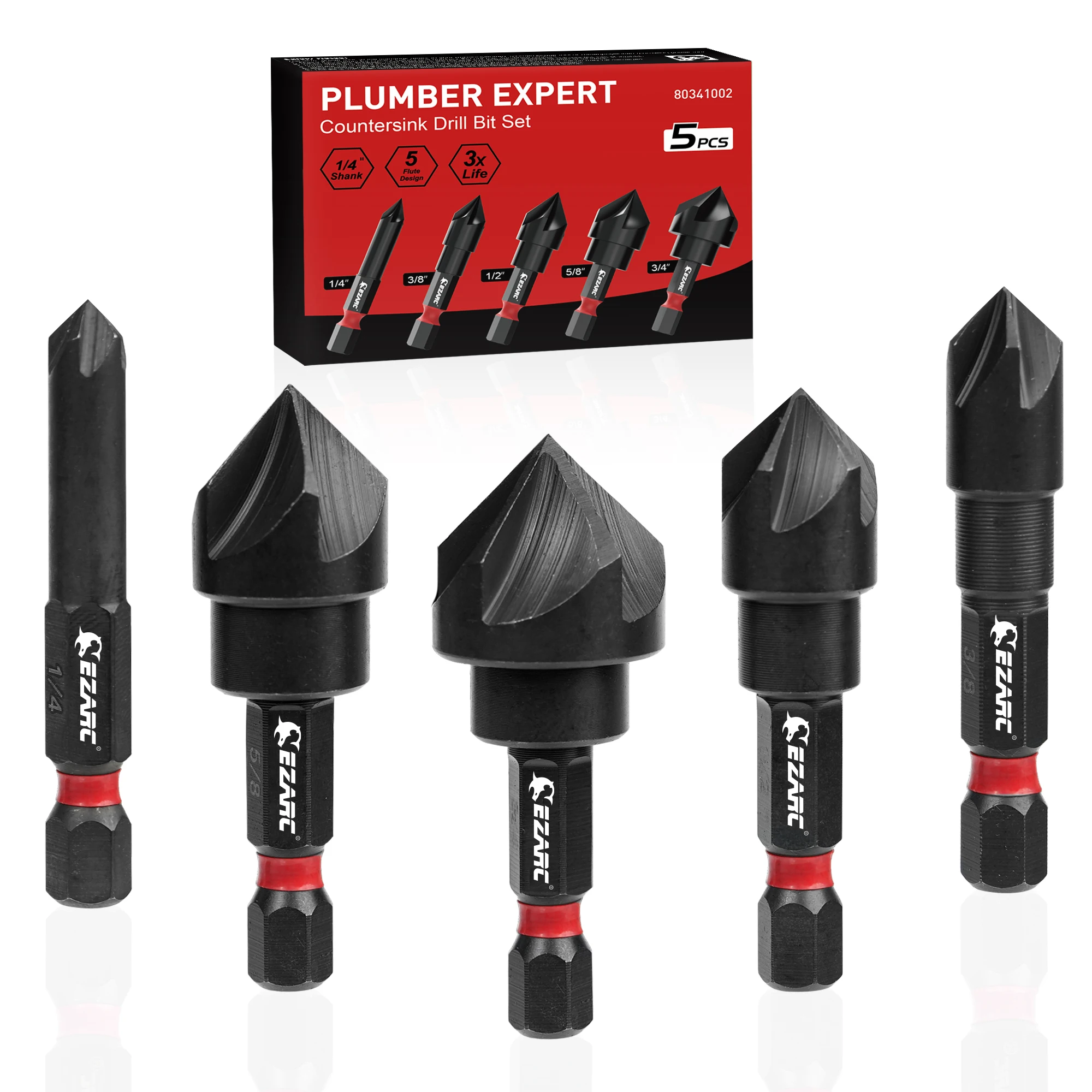 EZARC 5PCS Zestaw wierteł pogłębiających do metalu, 1/4 cala z chwytem sześciokątnym, 82 stopnie, 5 ostrzy, 1/4" 3/8" 1/2" 5/8" 3