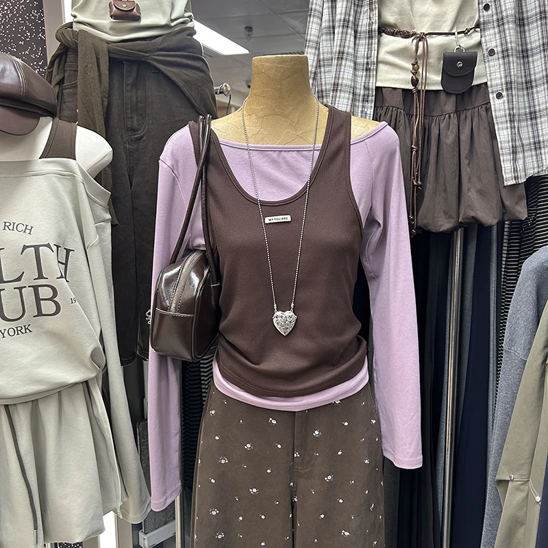 

Women's Slim Fit Long Sve T-irt oulder Bared Trendy Top Collar Draped Two Piece Set Autumn Faion Spicy Girl Sle