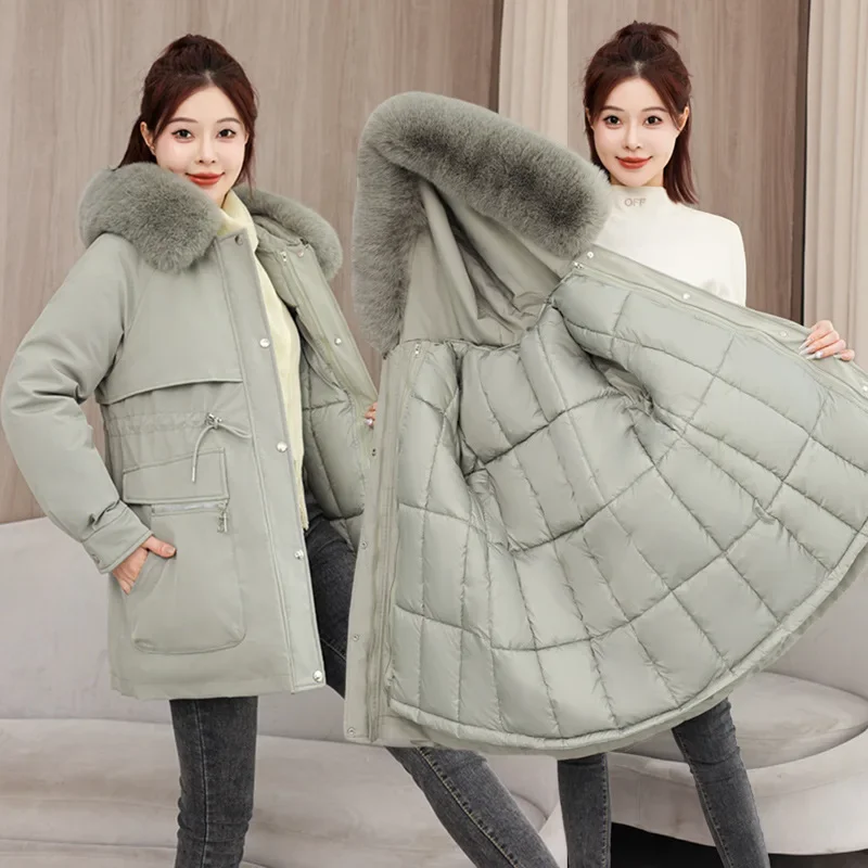 

Hooded Women Parkas Coat Mid Lenth Jacket Solid Detachable Big Fur Collar Drawstring Waist Zipper Loose Thick Casual 2025 Winter