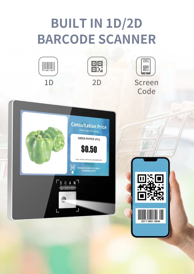 11.6 بوصة تعمل باللمس ثابت شنت واي فاي 1D 2D ماسح الباركود أندرويد 11 Win10 POS مدقق الأسعار للسوبر ماركت