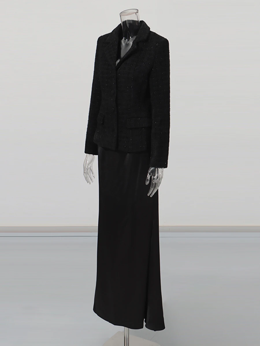 CHICEVER noir épissé poche deux pièces ensemble femme revers à manches longues veste taille haute bureau dame femmes jupe ensembles été nouveau