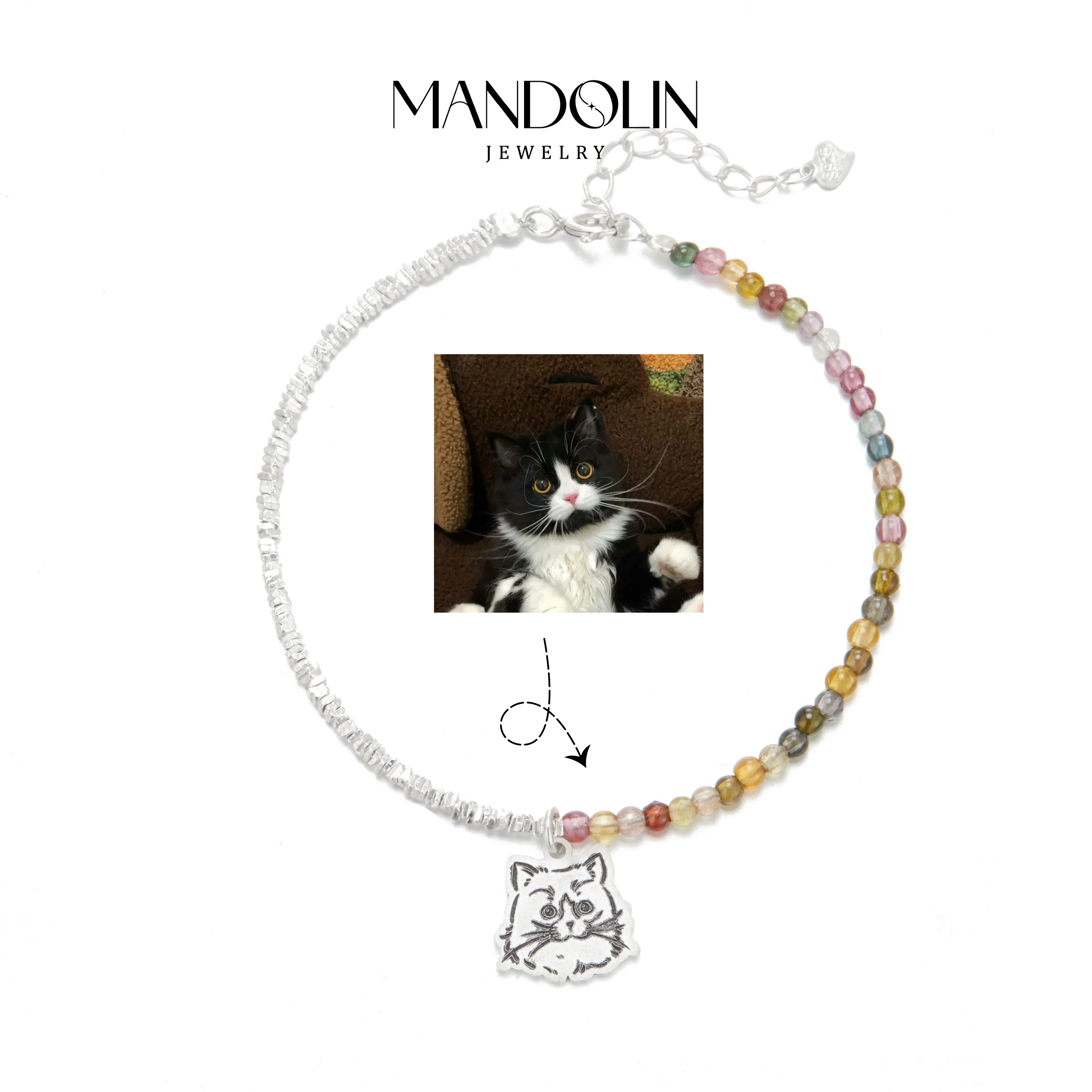 Custom Pet Portrait Charm Bracele Tourmaline Delicate Bracelet or Women For Wedding Gifts 925 Sterling Silver Chain