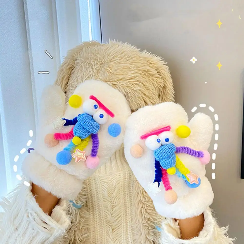 

1 Pair Women Winter Gloves Cartoon Knitted Doll Decor Girls Mittens Thick Plush Imitation Fur Gloves With Anti-lost Halter Strap