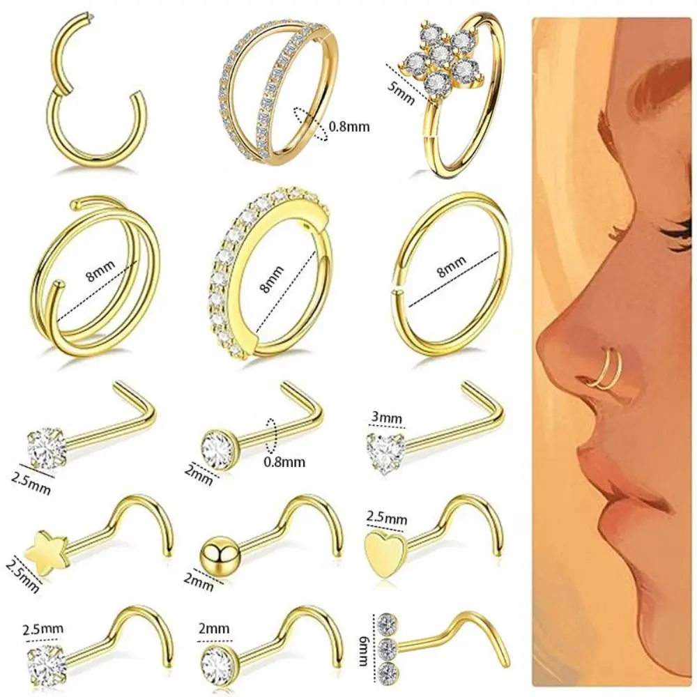 15Pcs Mixed Double Nose Rings L Ring Hoop Hypoallergenic Body Clips Hoop Rhinestone Nose Piercing Jewelry Piercing Studs Friends