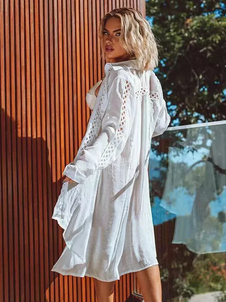 2025 nuevo Bikini Cover-Ups mujer playa cubrir ahuecado cuello vuelto vestido de una sola botonadura moda de verano ropa de playa femenina