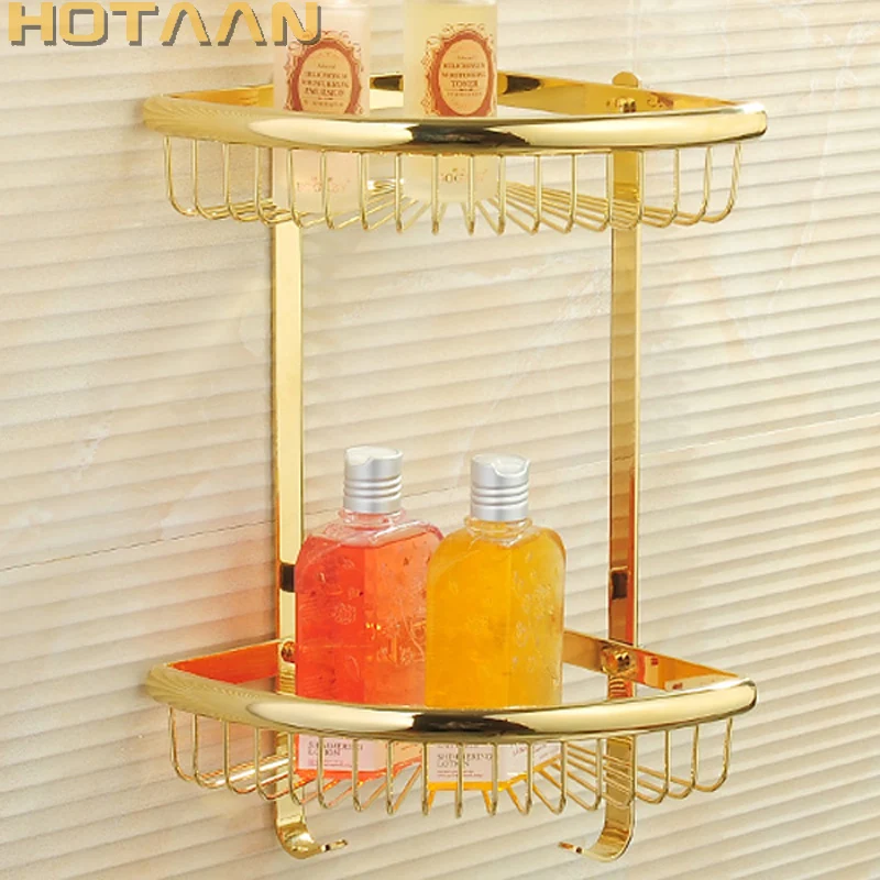 . Wall Mounted gold color solid brass Bathroom Shower shampoo Shelf  bathroom Basket Holder Fashion Double Layer