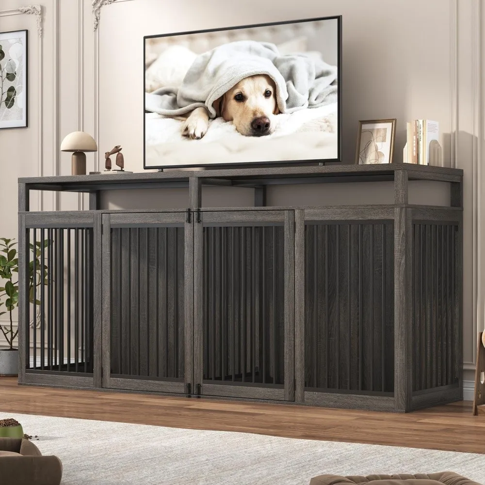 87In Farmhouse Dog Crate TV Stand Wooden Dog Kennel Furniture with 2 Doors Large Dog Crate Furniture for 2 Dogs Solid