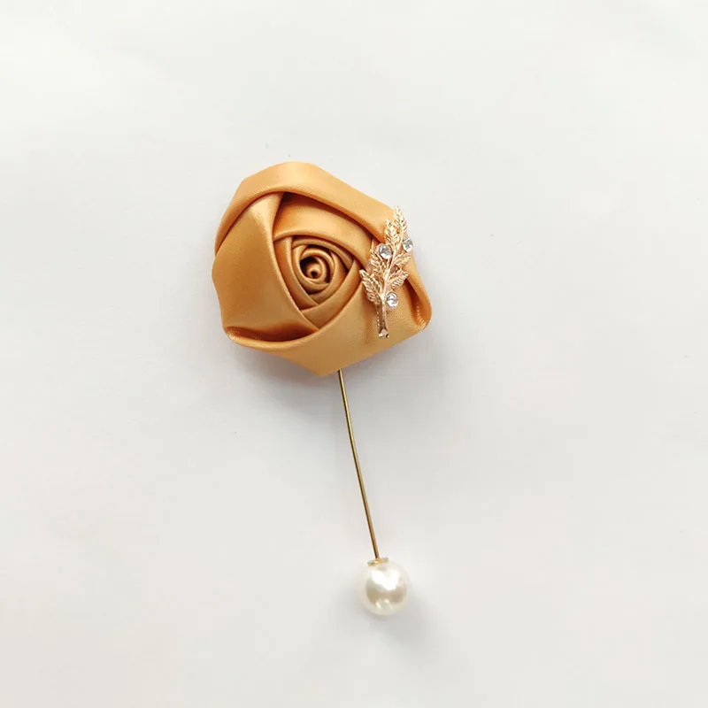 Noivo Boutonniere Lapel Pins para Homens e Mulheres, Corsage, Terno De Casamento Buttonhole, Rosas De Seda, Folhas Douradas, Acessórios De Casamento