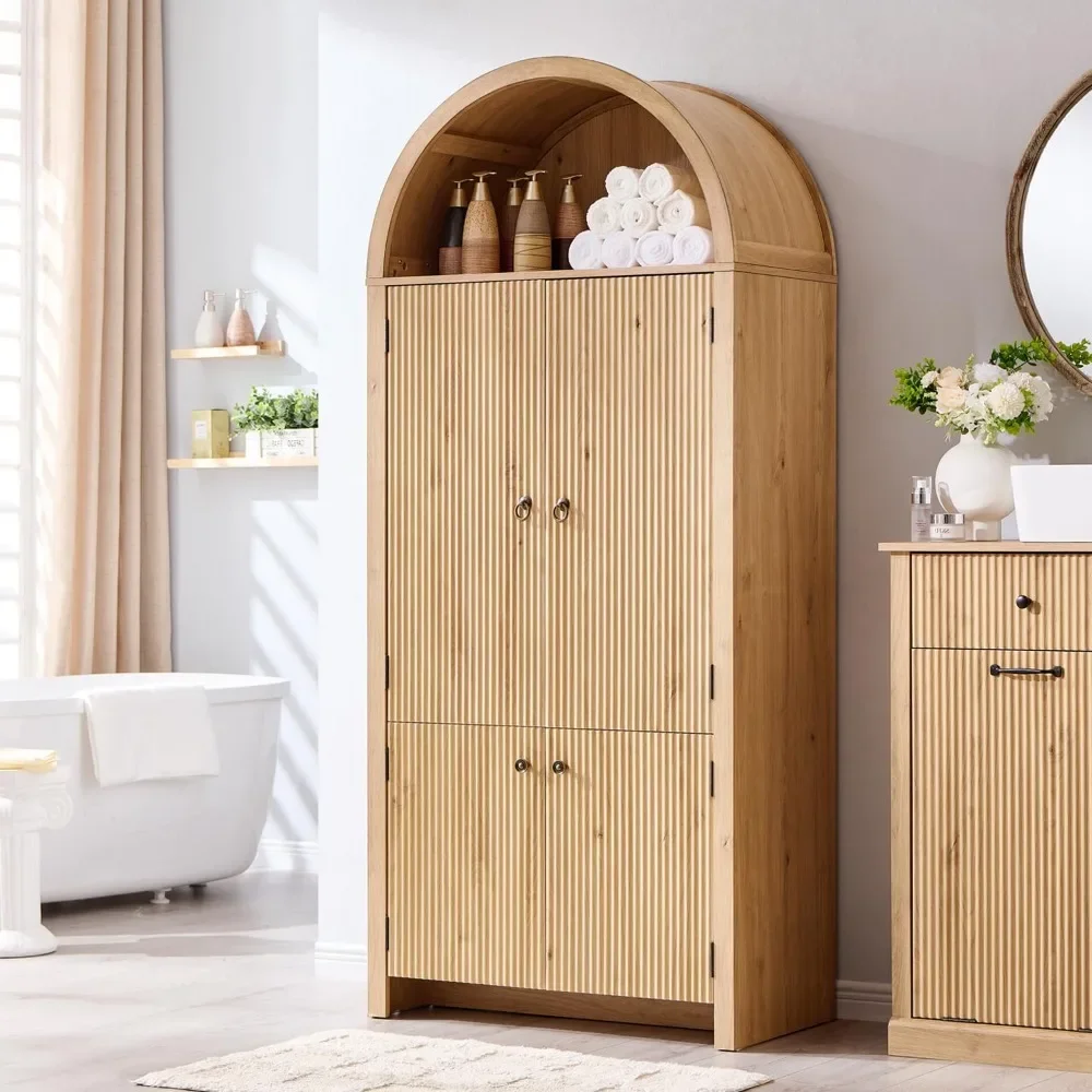 

71" Tall Arched Bathroom Storage Cabinet, Modern Fluted Storage Cabinet w/Doors, 3 Adjustable Shelves, 6 Door Shelves, Wood Free