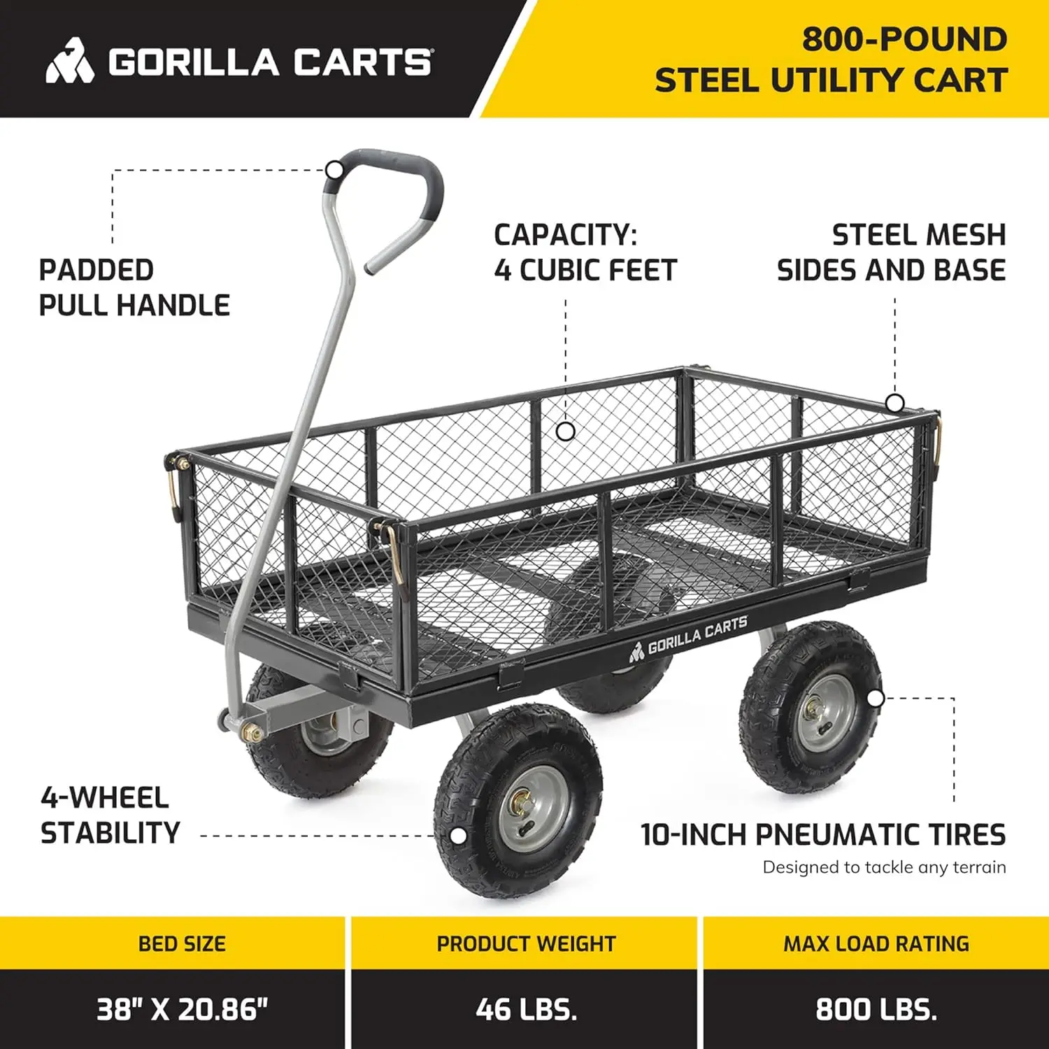 Steel Utility Cart, 4 Cu Ft Bed, 800 lb Load Capacity, Black – Heavy-Duty Outdoor Hauling Wagon with Removable Side Panels