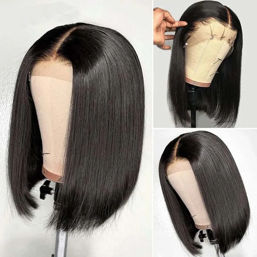 Peluca Bob corta para mujeres negras, cabello humano liso brasileño, transparente, 13x4, prearrancado