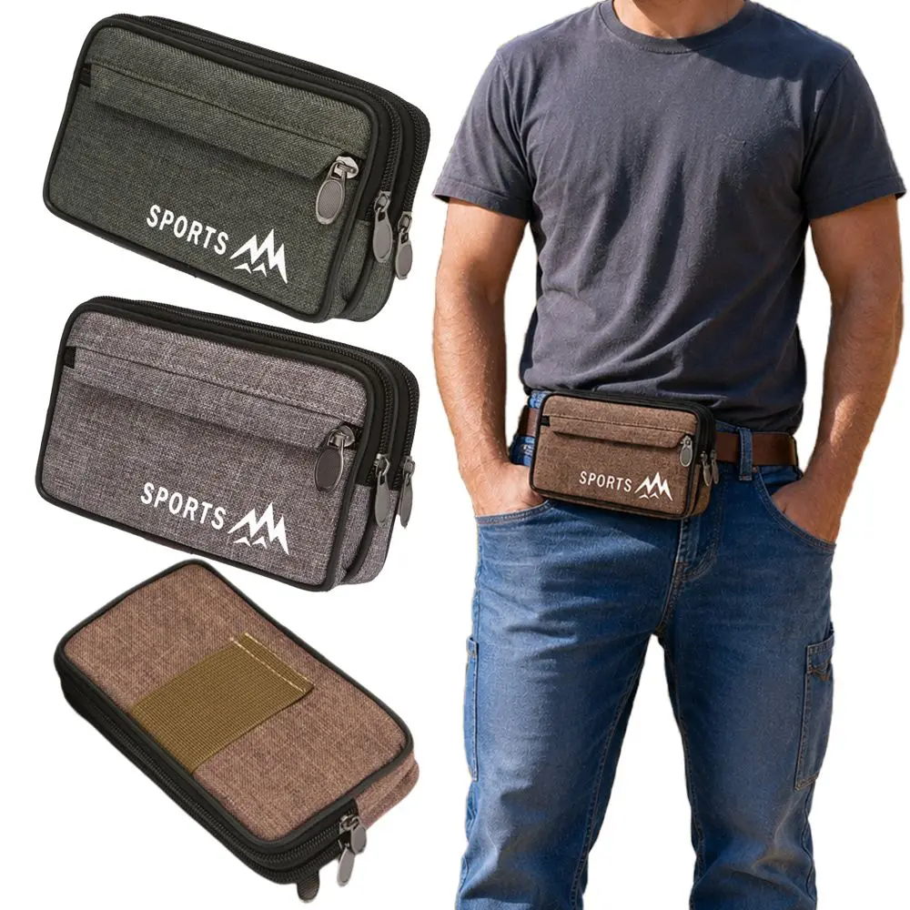 Durable Canvas Phone Waist Bag Zipper 6.5inch Phone Case Multiple Layers Modern Belt Hanging Pouch Outdoor Camping