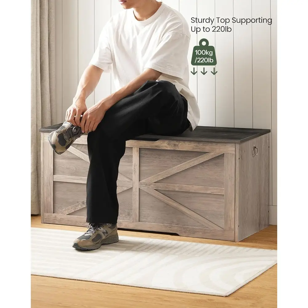 Retro-Bauernhaus-Aufbewahrungstruhe aus Holz, Anthrazit und Greige, Spielzeugkiste für Schlafzimmer und Wohnzimmer mit Sicherheitsscharnier