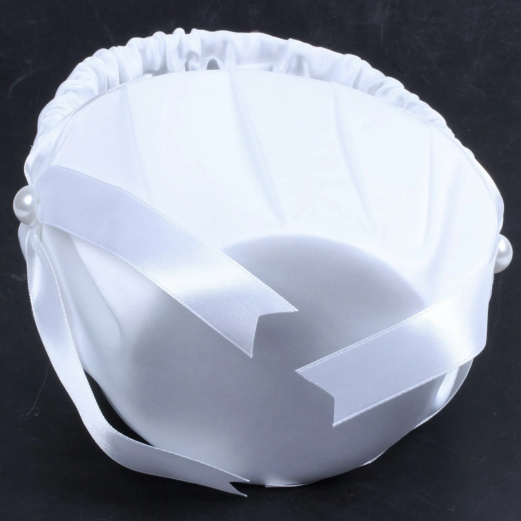 NEW-2X White Satin Beaded Wedding Flower Girl Basket Bowknot Decor