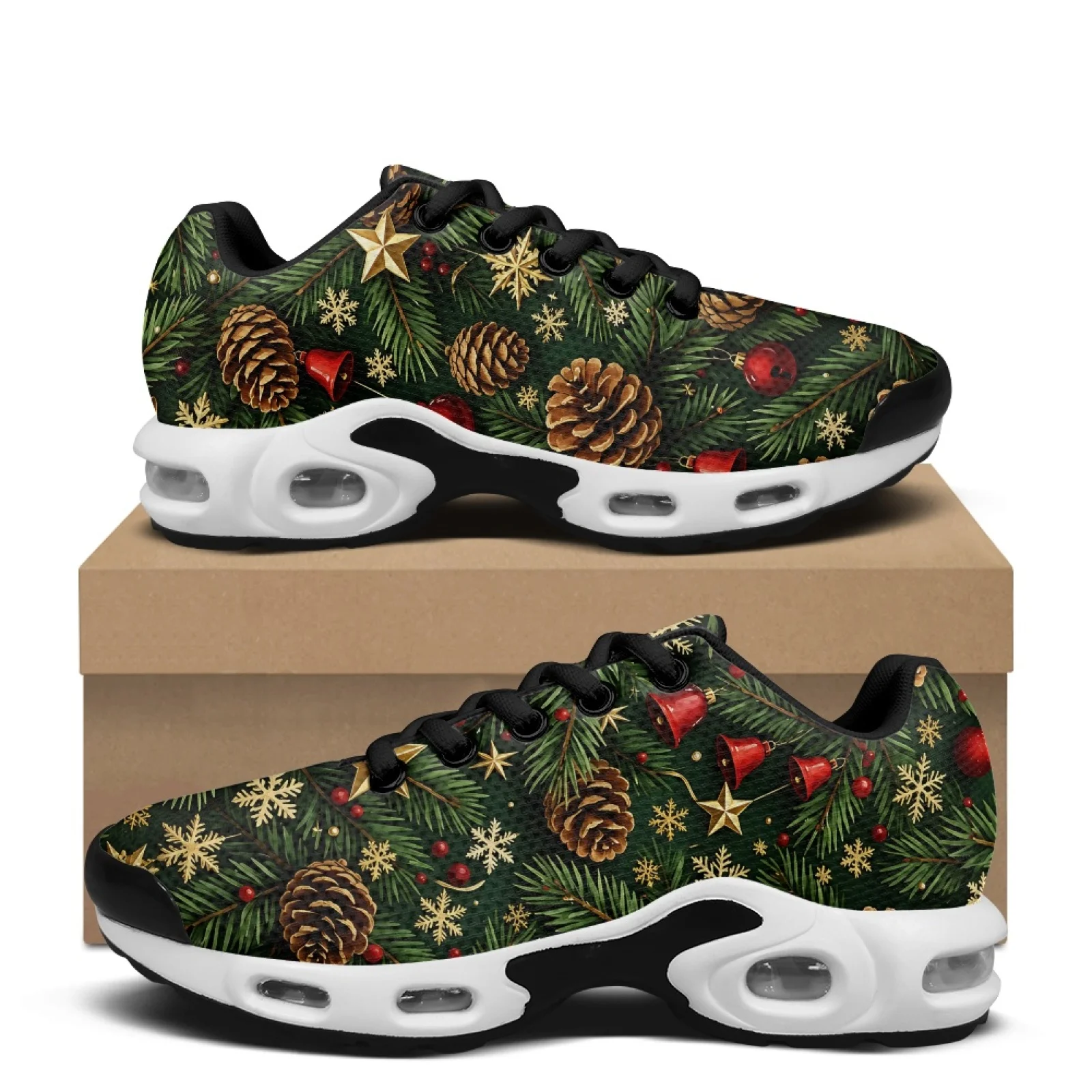 PENSTROLL Christmas Men's Air Cushion Running Shoes Featuring Pine Cone Bell, Mesh Jogger Sneakers for daily sports and casual