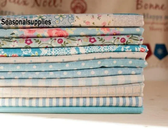 Blue Bundle Blue Linen Cotton Fabric Bundle- Blue Fabric Fat Quarter Bundle, 9 Fat 8th Quarters Pieces each 13\