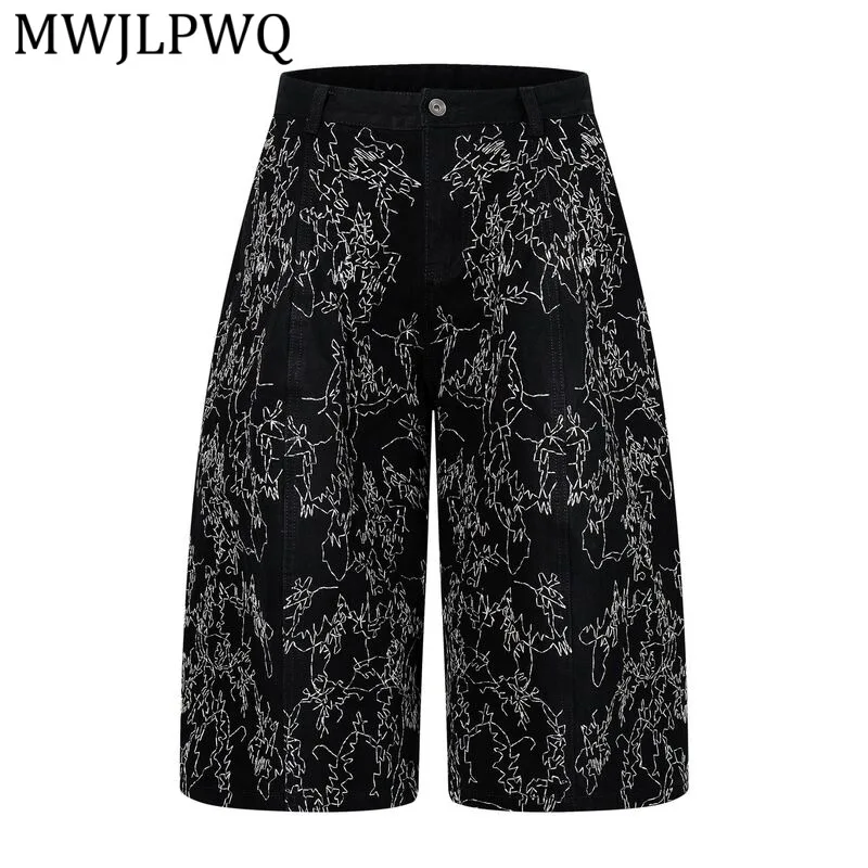 

MWJLPWQ Streetwear Black Denim Shorts Men Graffiti Embroidery Wide Leg Vintage Casual Daily Wear Summer High Waist Shorts 15583