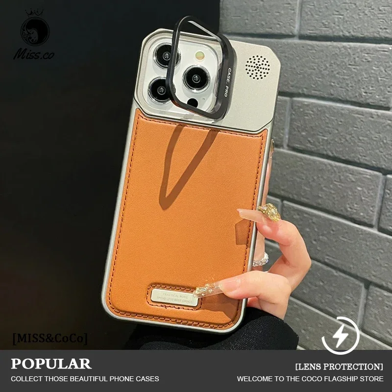 Luxury Leather Borderless Magnetic Phone Case For iPhone 16 15 14 13 12 11 Pro Max Plus Alloy Lens Holder PC Magsafe Phone Cover