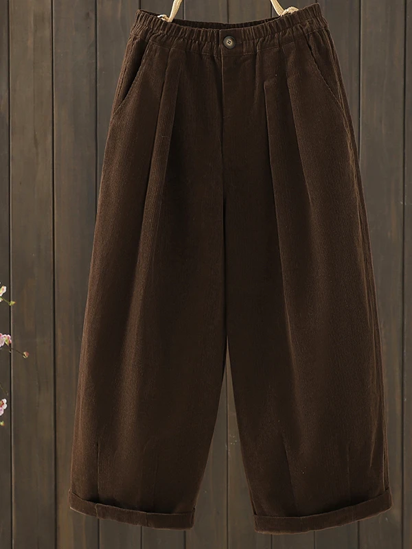 Retro Velvet Wide Leg Pants Women's Loose Elastic Waist Coffee Color Lazy Style Casual Long Trousers Autumn Fashion Ladies