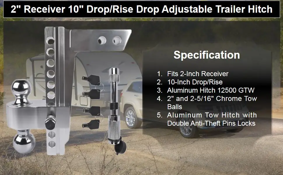AP03 Aluminum Adjustable Trailer Hitch Ball Mount, Fits 2" Receiver, 10" Drop/Rise Drop Hitch, 12,500 LBS GTW, 2" and 2-5/16"
