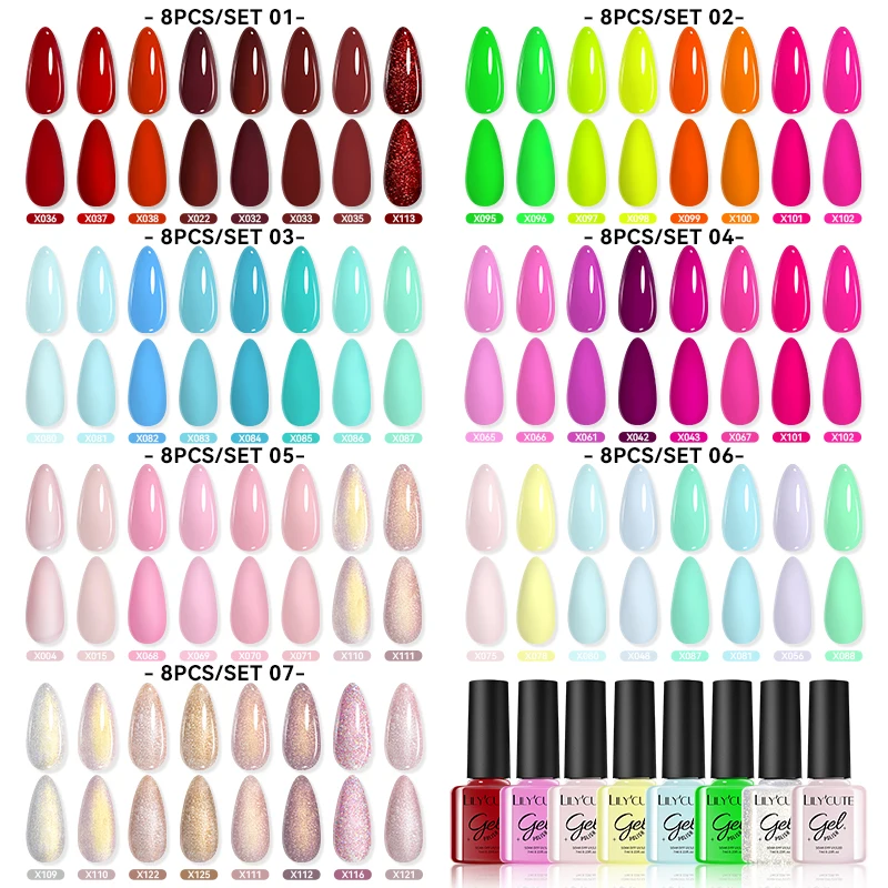 

LILYCUTE 7 мл 8 шт./компл. красочная серия гель для ногтей с блестками полуперманентный гель для дизайна ногтей Soak Off гель светодиодный маникюрный набор для дизайна ногтей