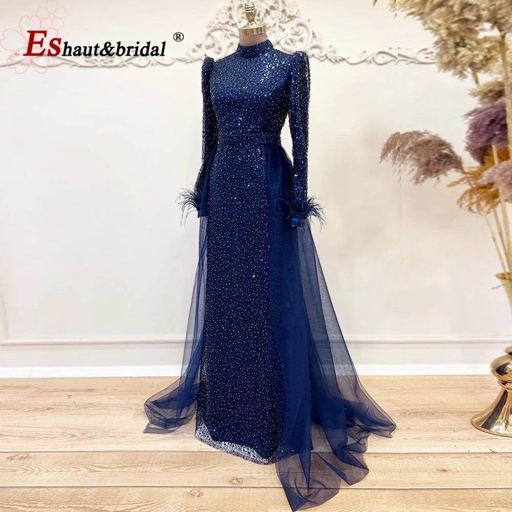 Elegant Muslim Mermaid Feather Evening Dress for Women 2023 Beads Sequin with Detachable Train Formal Prom Wedding Party Gowns