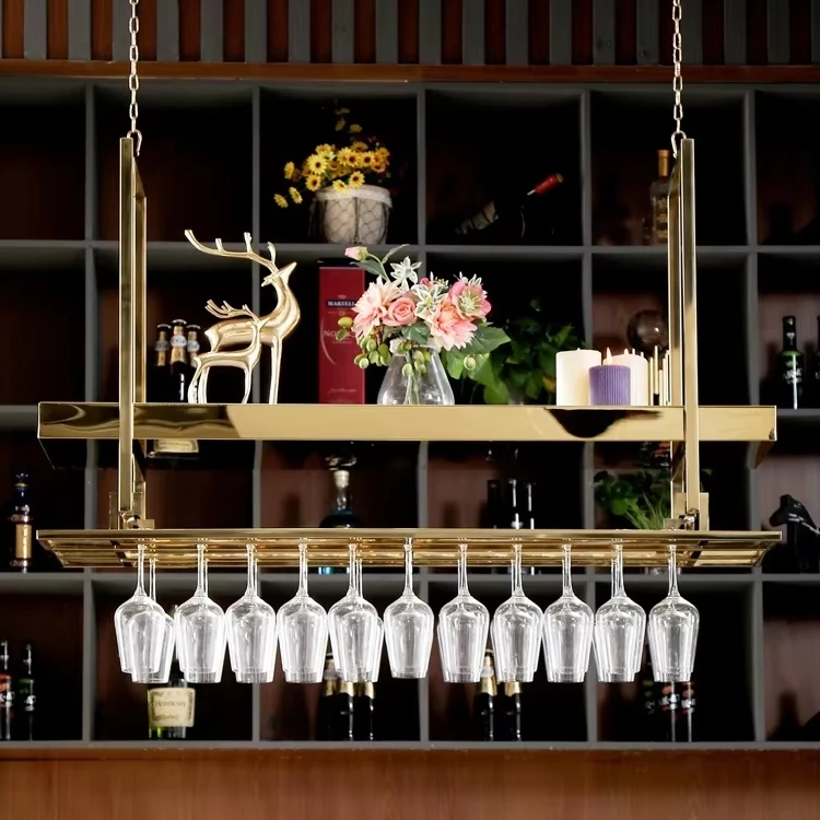 

Decorative Hanging Wine Rack Stainless Steel and Iron Glass Stand Ceiling