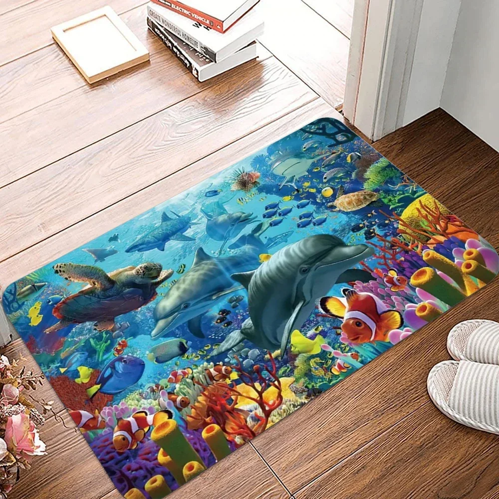 Dolphins Underwater Cave Door Mat Colorful Fish Non Slip Entrance Rug Home Decor Living Room Bedroom Mysterious Decoration