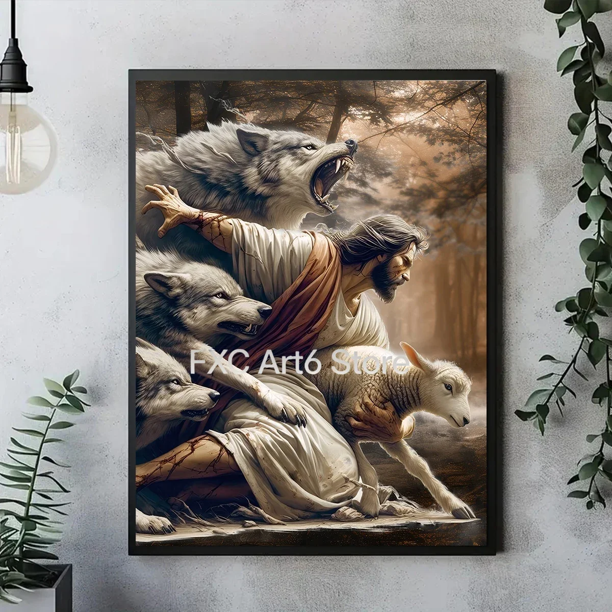 1PCS Frameless Jesus Christ Protect Flock Canvas Print Poster Vintage Wolf Sheep Art Prints Living Room Bedroom Wall Art Home De