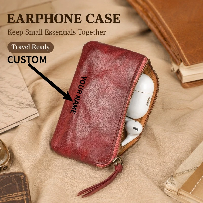 Vintage Leather Coin Purse Women Handmade Vegetable Tanned Cowhide Small Wallet Earphone Bag Lipstick Pouch Engraving