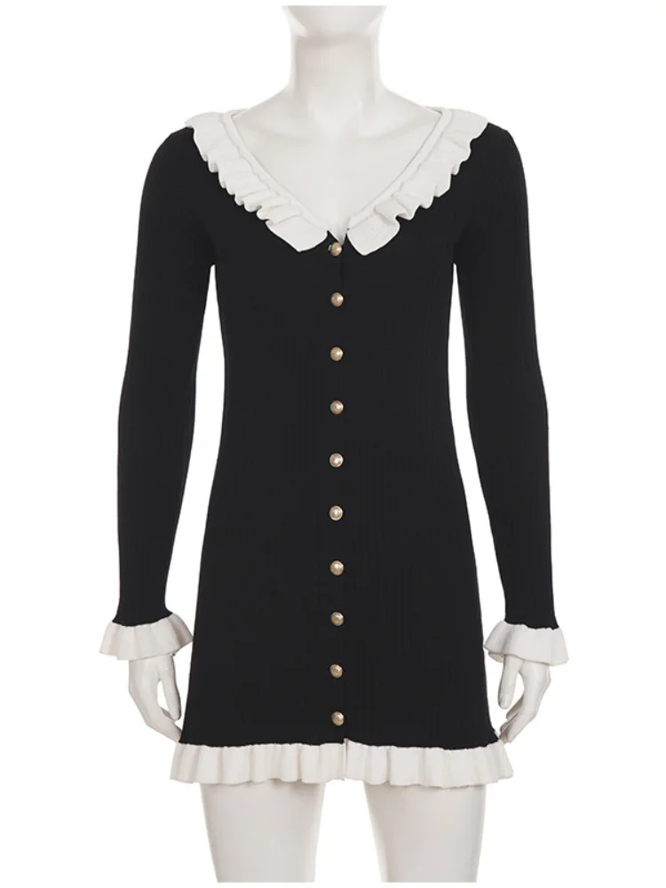 

Элегантное вязаное платье с V-образным вырезом, оборками на воротнике и утягивающей талией, женское шикарное платье с длинными рукавами на одной пуговице, повседневное платье для женщин