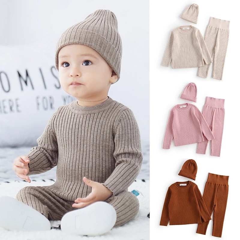 2025 New Autumn 0-4Yrs Infant Baby Boys Girl Knitting Clothes Suit Long Sleeved Knitted Pullover+Pants+Hat Children Clothes Set