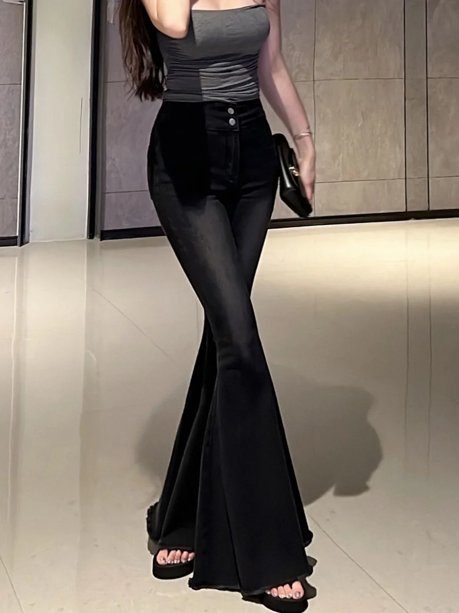 High Waist Slimming Black Bell Bottom Jeans Women's Autumn New Style Lengthening High Quality Floor Length Trousers