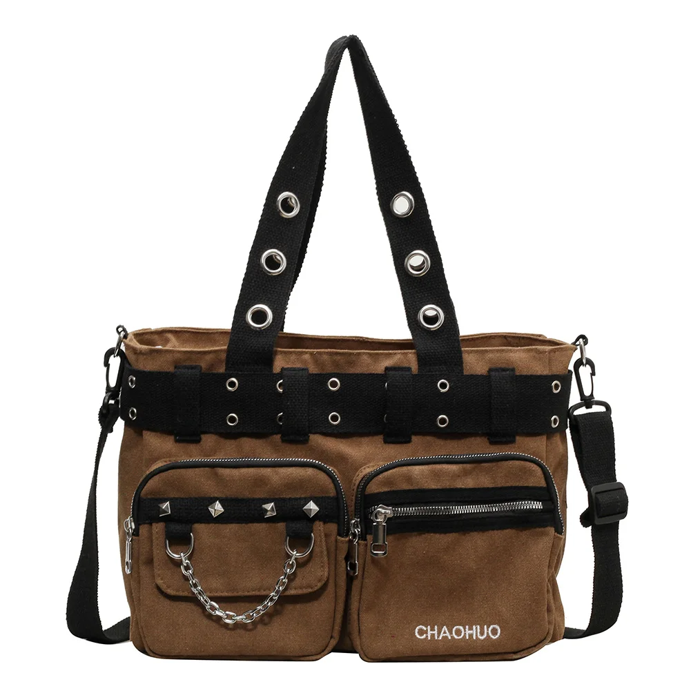 

Женская сумка через плечо в стиле рокабилли с цепочкой, холщовая сумка в стиле панк-рок, сумка на молнии, сумка-слинг в стиле панк, женская уличная сумка