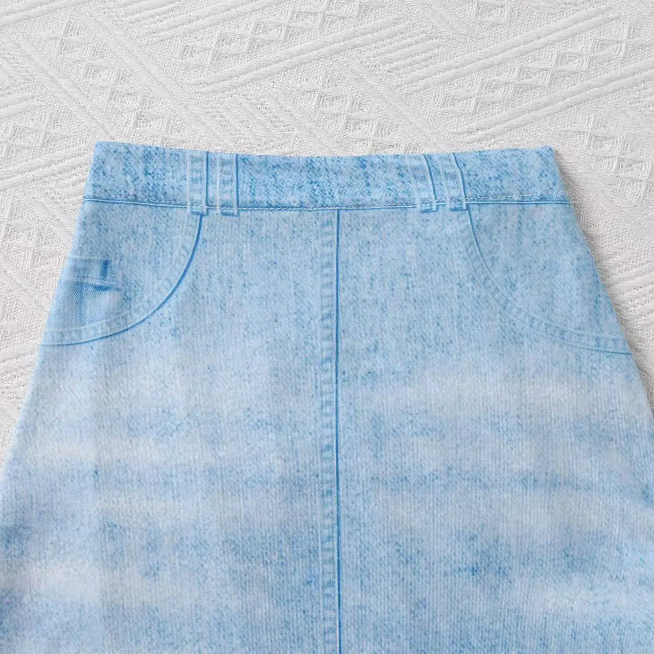 Fashion Girls Spring and Autumn Outdoor Casual Wear White Knitted Round Neck Splicing Wool Long Sleeve Top Light Blue Tight Set