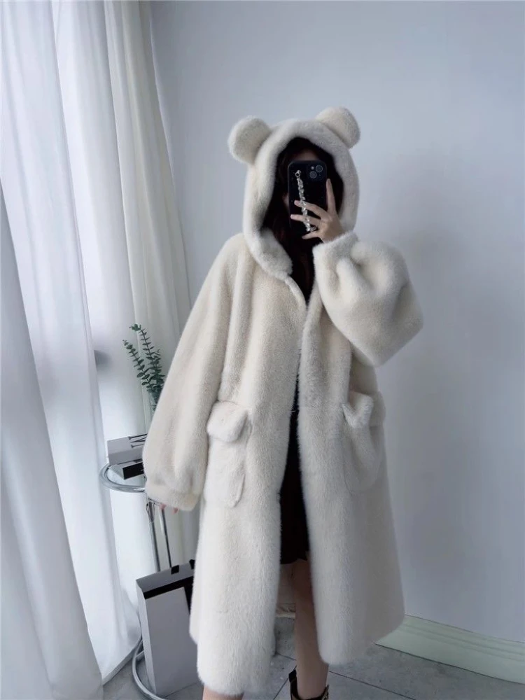 2024 New Autumn Winter High Imitation Mink Coat For Women With  Hooded Cute Ears Jacket Women\'s Long Cardigan Overcoat