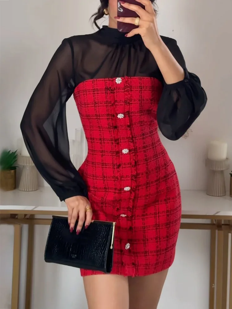 HH TRAF 2024 Women's Long Dress Red Plaid O-Neck Long Sleeves Single Breasted Decoration Zipper Autumn Dress Woman Trendy