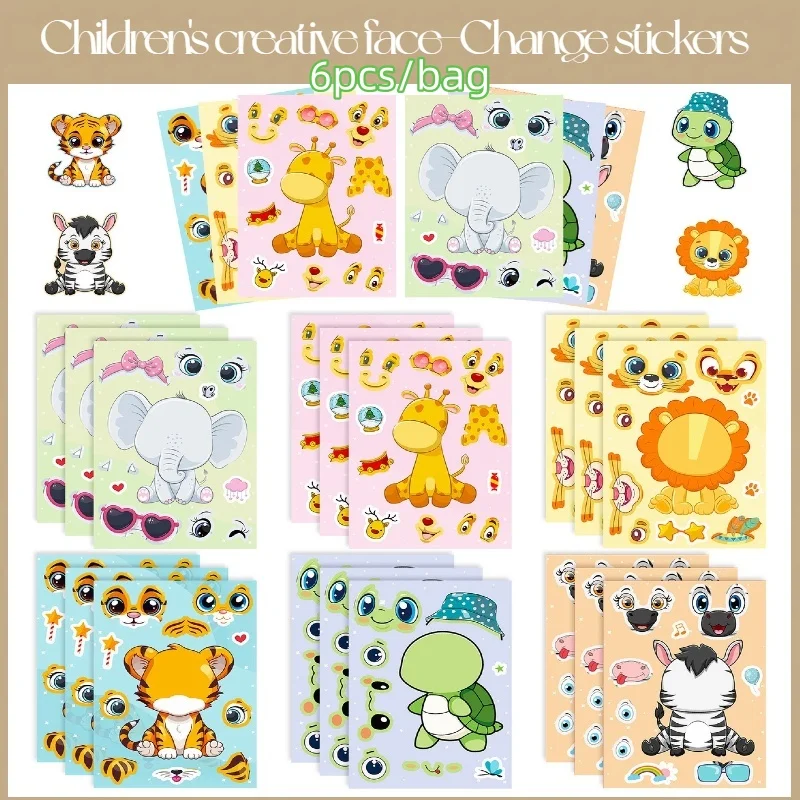 

6 Sheets/Bag Animal Face-changing Stickers Kindergarten Wall Decorations Cute Cartoon Animals DIY Children's Creative Stickers