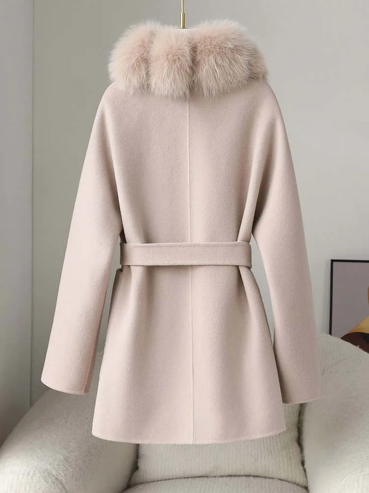 Hot-selling fashion new large fox fur collar high-end woolen fur coat temperament cashmere woolen coat mid-length